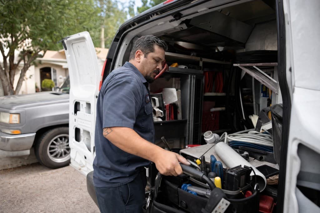 Clearflow Plumbing technician organizing tools in a service van