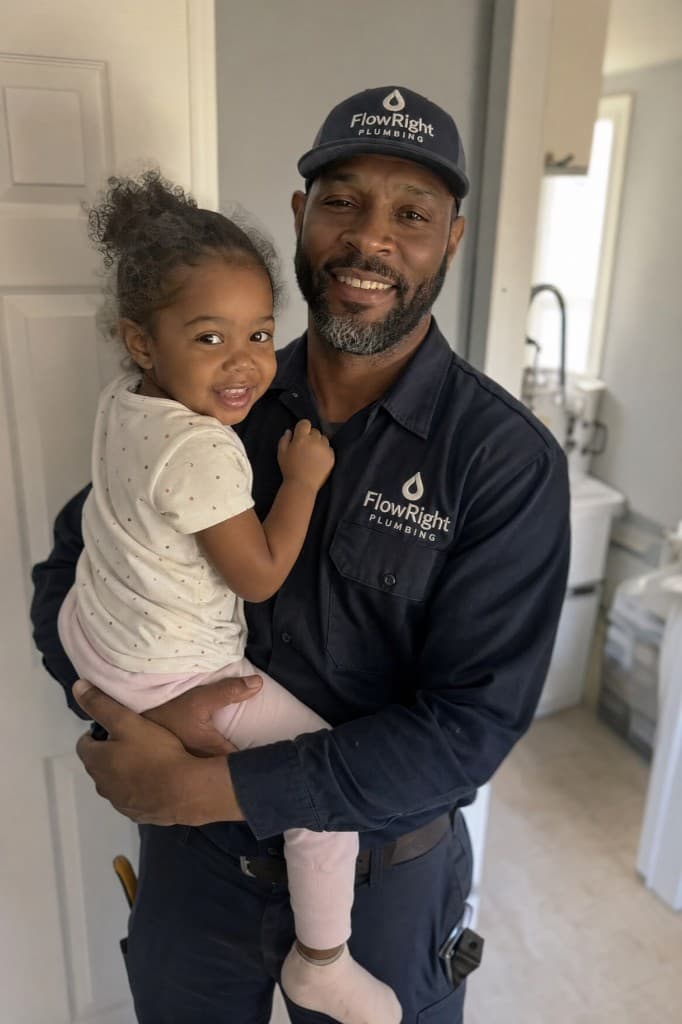 Smiling plumbing company owner holding his daughter in a residential hallway