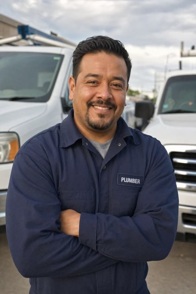 Professional plumber in uniform standing in front of service vans