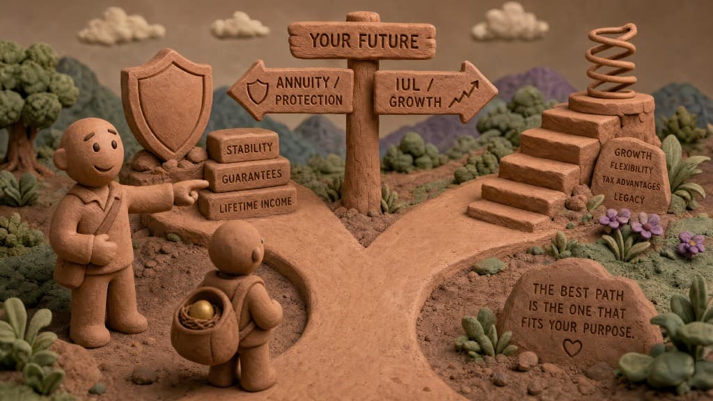 Clay illustration for Annuity vs. IUL: how we route a prospect